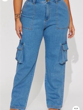 Fashion Nova Blue High-Rise Cargo Flare Jeans